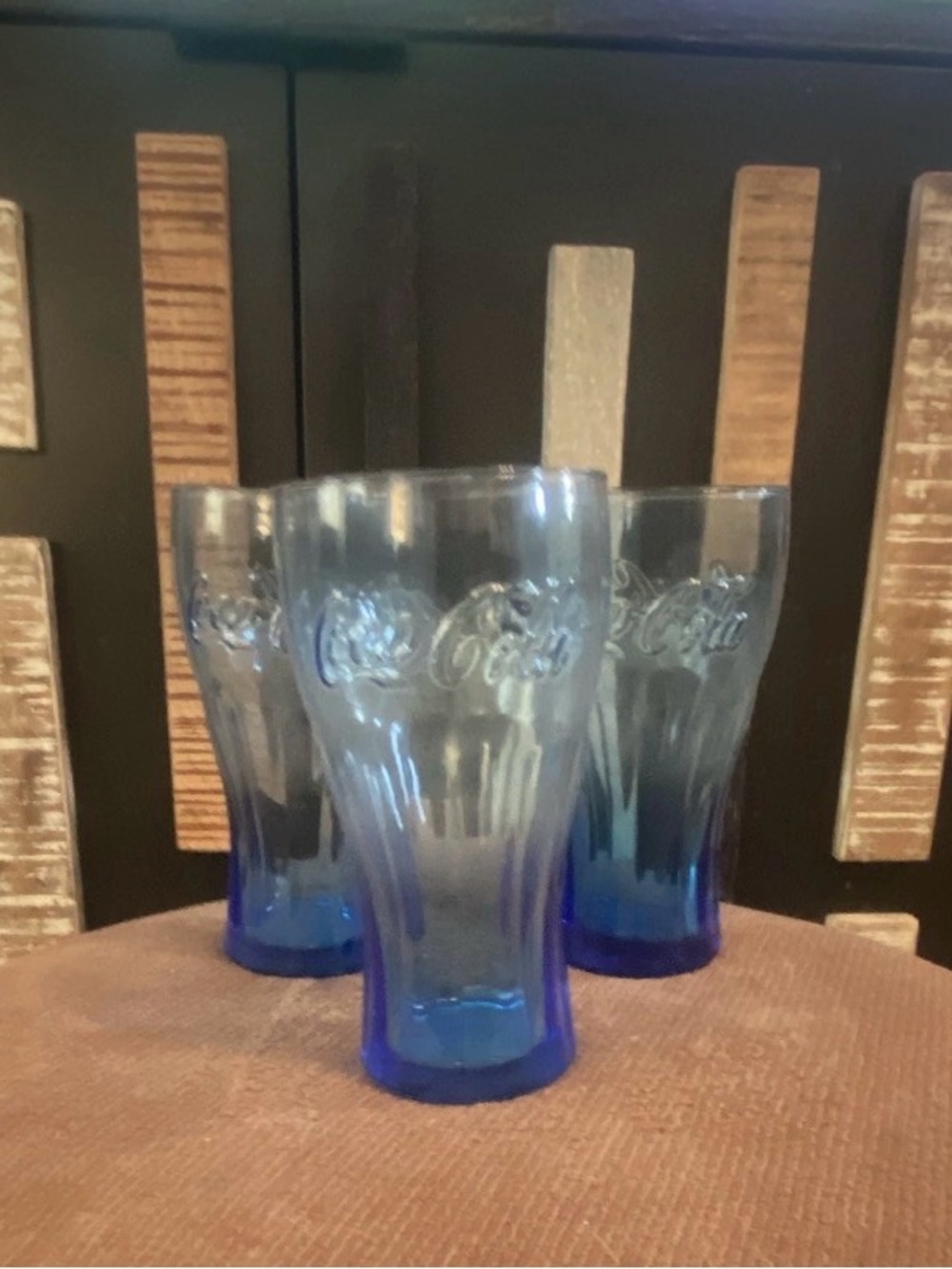 Vintage Blue Coca-Cola Contour Glasses - Embossed Logo - Set of 3